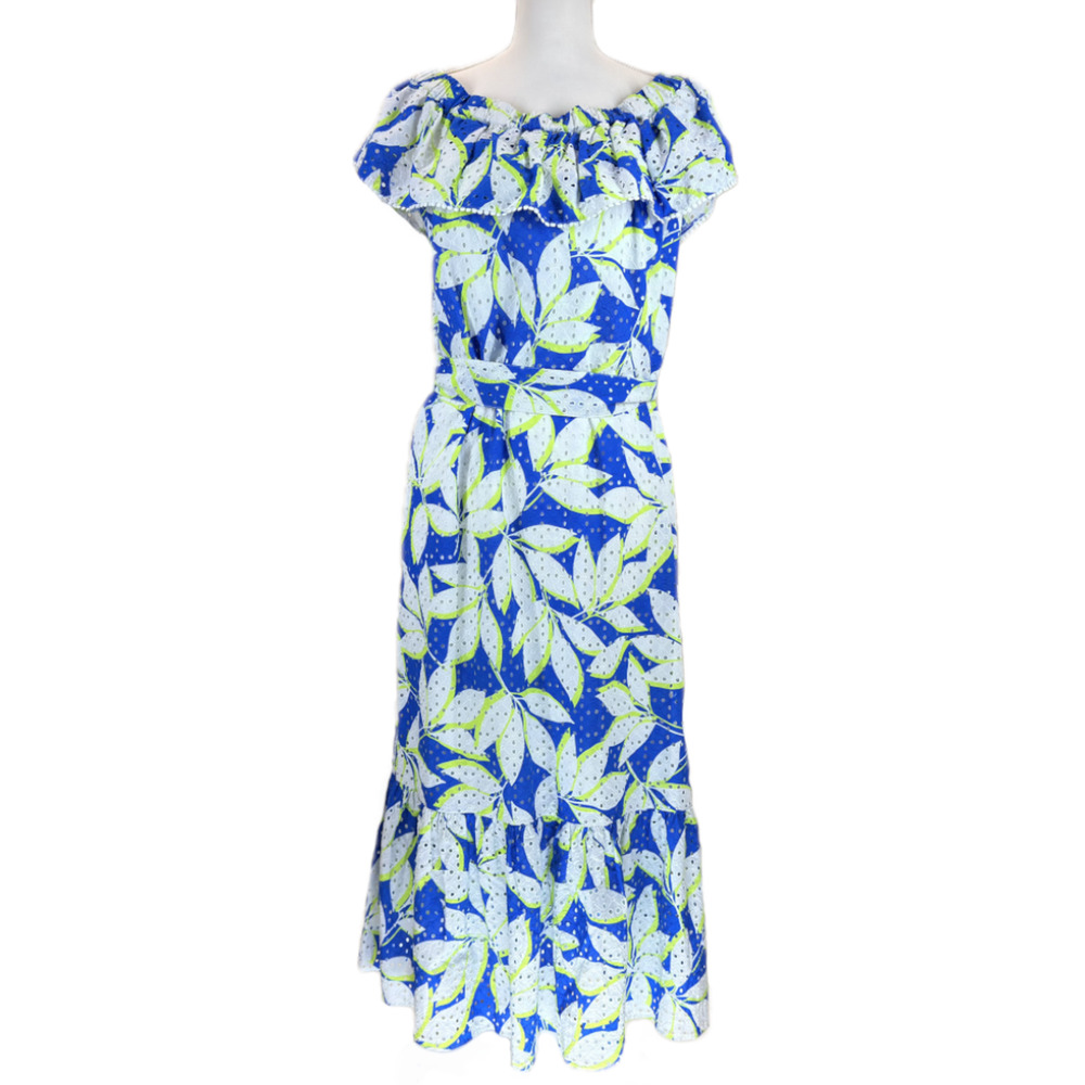 Draper James Eyelet Off Shoulder Midi Flounce Dress XL Multicolor Leaf Print